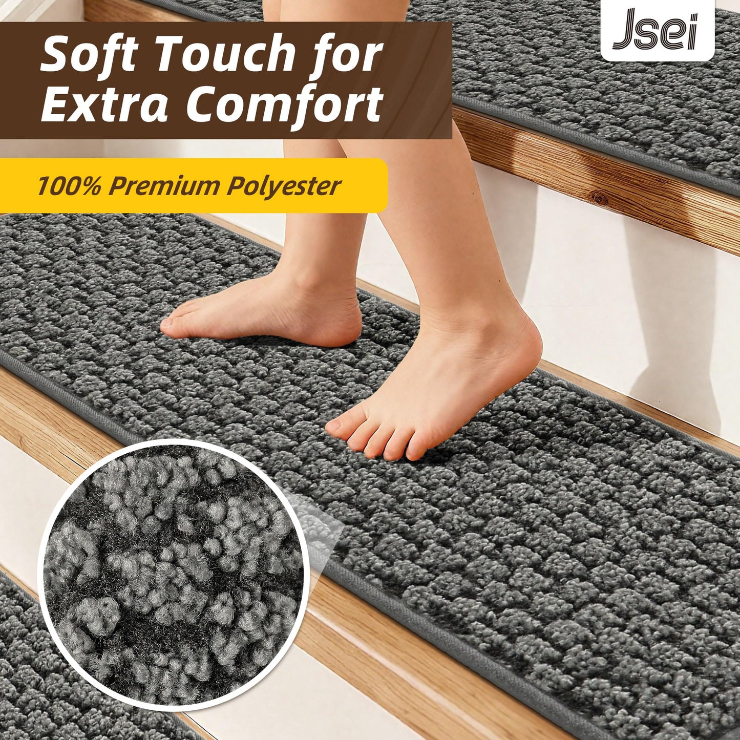 JSEI Stair Treads for Wooden Steps, 4 Pack 9" X 28" Non-Slip Machine Washable Carpet Stair Treads with TPE Backing, Soft Indoor Stair Rug Runner for Kids Elders & Pets, 100% Polyester, Grey
