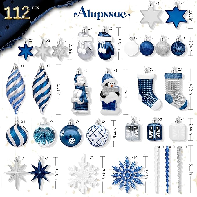 Alupssuc 112pcs Christmas Balls Ornaments Set, Shatterproof Plastic Baubles Christmas Penguin, Polar Bear for Xmas Tree Holiday Wedding Party Decorations with Hanging Strings, Blue and White