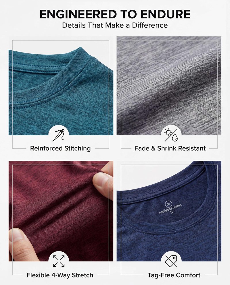 Real Essentials 5 Pack: Men's Dry-Fit Short Sleeve Crew Neck T Shirts Fitness Running Gym Workout Cool Exercise Athletic Tee, Set 1, Large