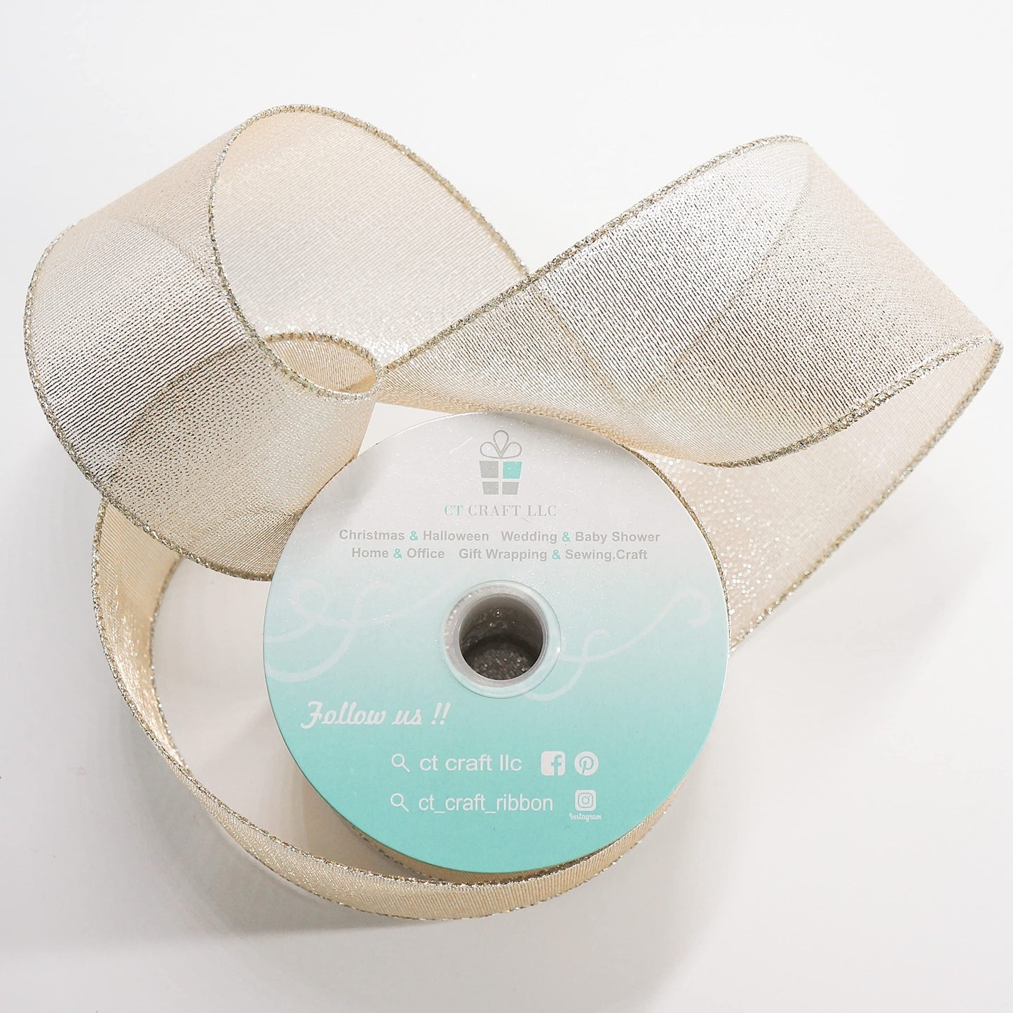 CT CRAFT LLC Champagne Gold Metallic Wired Ribbon 2.5 inch x 10 Yards for Christmas Home Decor Tree Topper Bow Gift Wrapping DIY Crafts Wreath Garland Wedding