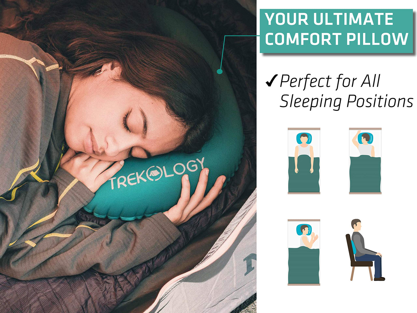 TREKOLOGY Ultralight Inflating Travel/Camping Pillows - Compressible, Compact, Inflatable, Comfortable, Ergonomic Pillow for Neck & Lumbar Support and a Good Night Sleep while Camp, Backpacking