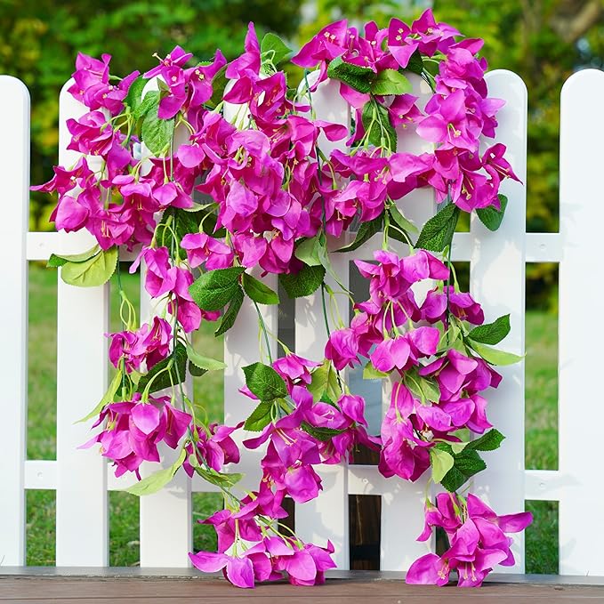 2PCS Bougainvillea Artificial Hanging Flowers Plants for Outdoors Outside Fall Decoration, Faux Silk Flowers Fake Vines UV Resistant Look Real Realistic for Front Door Porch Planter Balcony, Fuchsia
