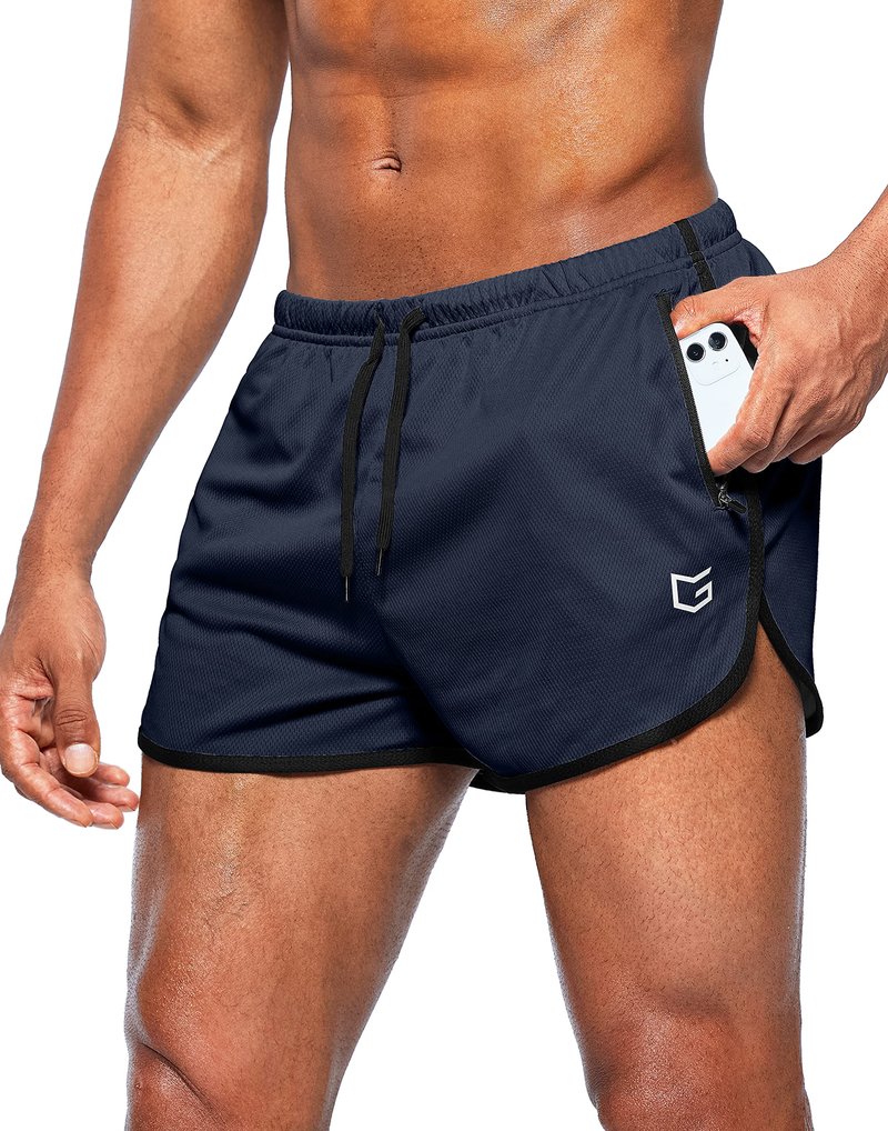 G Gradual Men's Running Shorts 3 Inch Quick Dry Gym Athletic Jogging Shorts with Zipper Pockets (Navy, Medium)