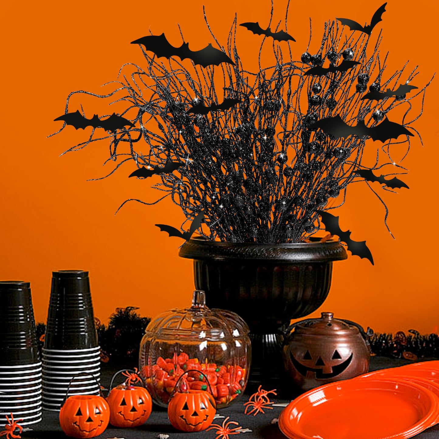 16 Pcs Artificial Halloween Branches Picks Ornaments with 12 Pcs Bats- Fake Black Berry Stems Curly Willow Branches- Faux Glitter Black Berries Twig Stems Sticks for Halloween Christmas Home Decor