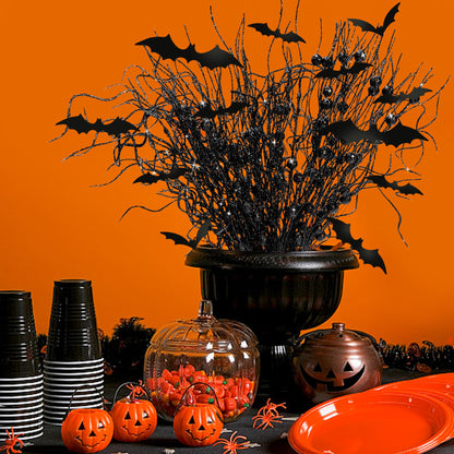 16 Pcs Artificial Halloween Branches Picks Ornaments with 12 Pcs Bats- Fake Black Berry Stems Curly Willow Branches- Faux Glitter Black Berries Twig Stems Sticks for Halloween Christmas Home Decor