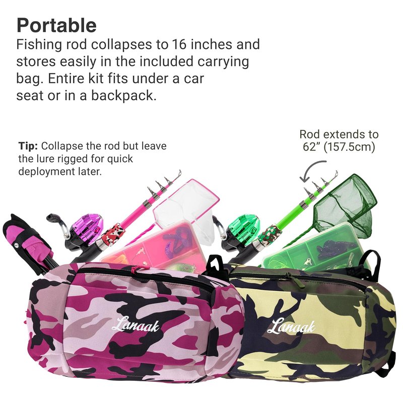 Lanaak 2 Pack Kids Telescopic Fishing Pole, Portable Fishing Rod Set, Tackle Box and Fishing Net Combo Kit, Kids Fishing Gear for Boys and Girls Age 5-10 and Youth – Green and Pink