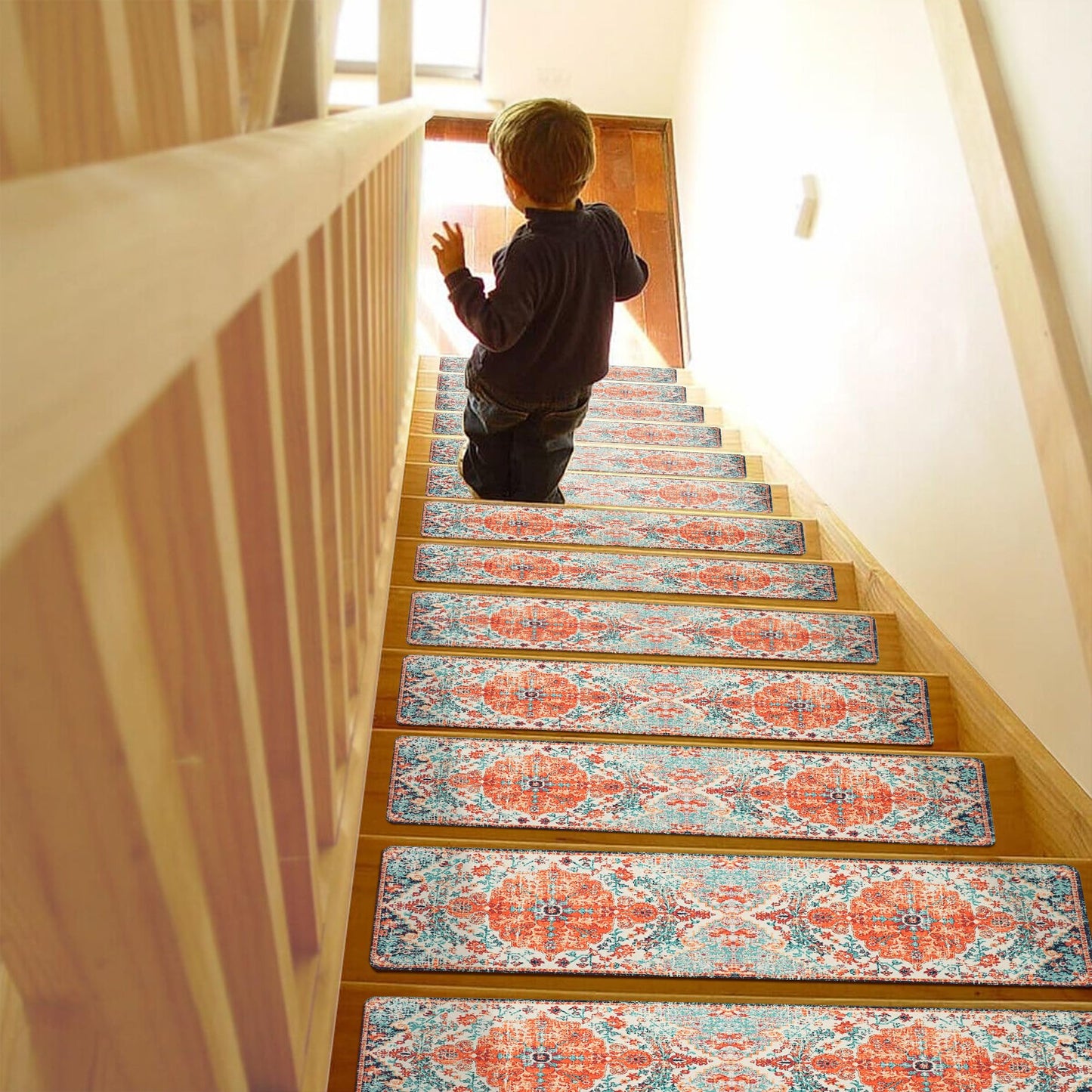 Boho Stair Treads Non Slip - Carpet Stair Treads for Wooden Steps Indoor, Stair Rugs for Kids, Elders and Dog, Stair Runners for Wooden Steps, 15 pcs