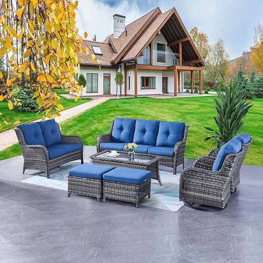 Rilyson Wicker Patio Furniture Set - 7 PC Rattan Outdoor Sectional Conversation Sets with 2 Rocking Swivel Chairs,2 Ottomans,1 Sofa,1 Loveseat and 1 Coffee Table for Porch Deck(Mixed Grey/Blue)