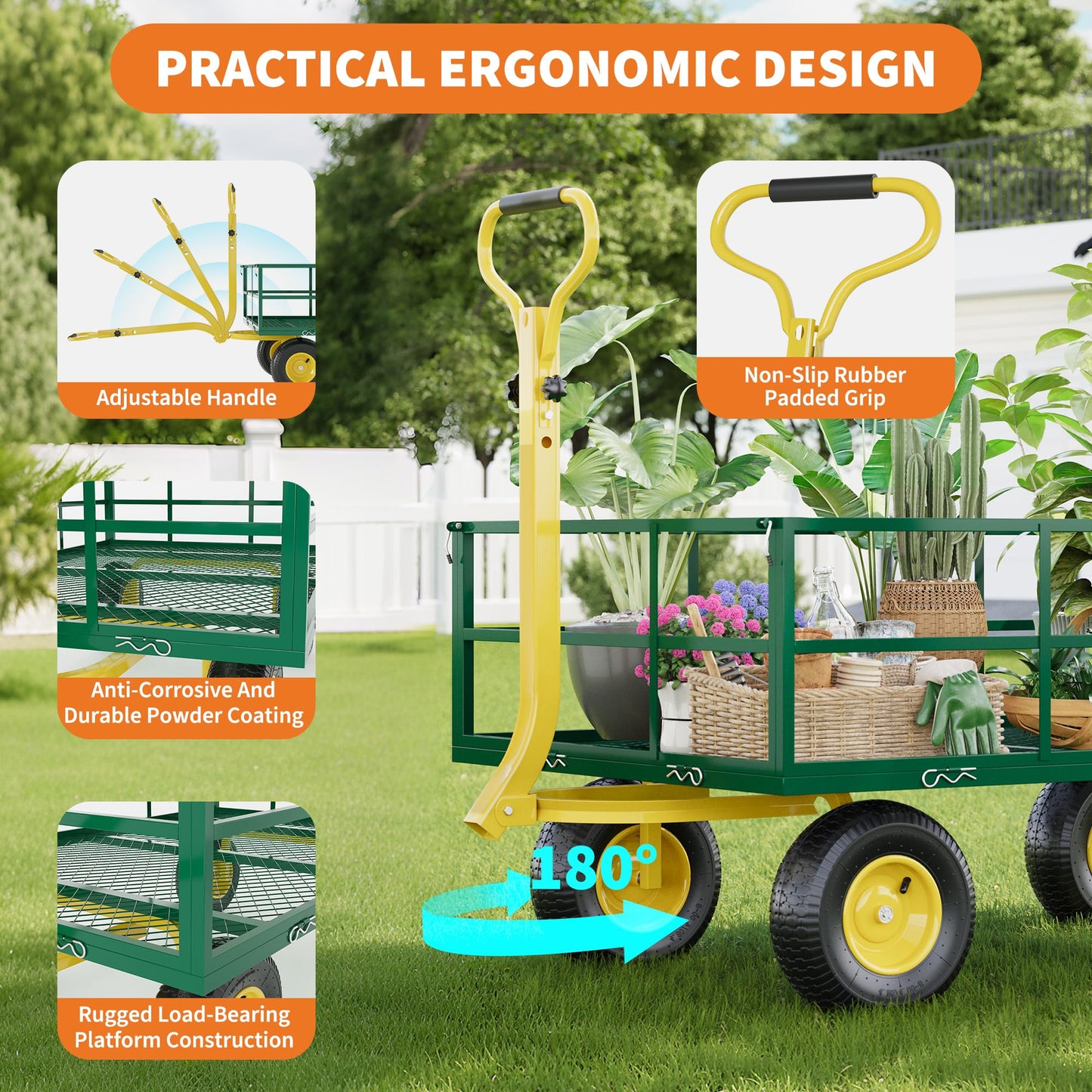 3-in-1 Heavy-Duty Steel Garden Cart, 1200 Lbs Garden Wagon, with 13 Inch All-Terrain Tires and Removable Mesh Side Panels, 180° Rotating Handle, Metal Utility Yard Trailer, Outdoor Gardens Wagon Cart