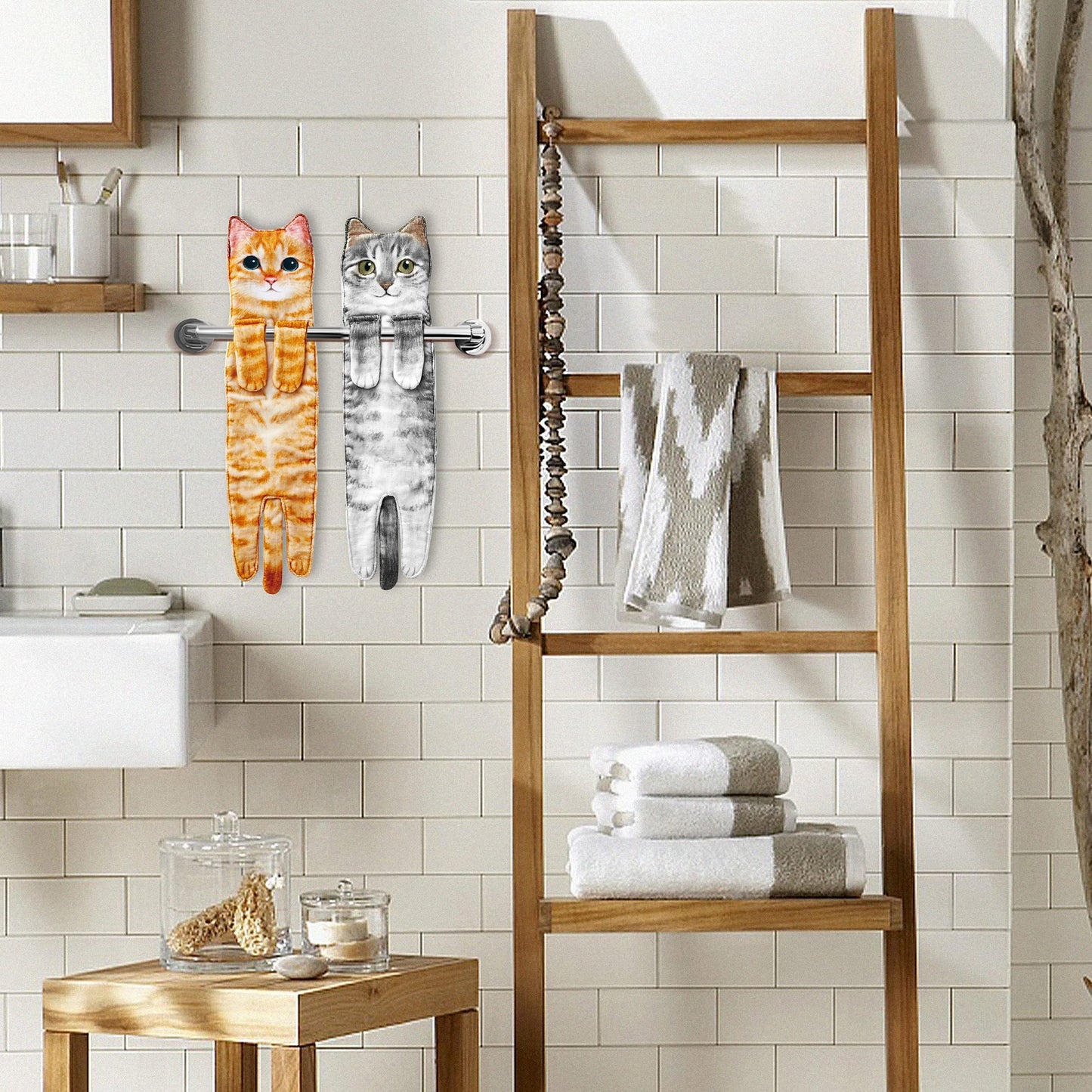 Funny Hand Towels - Cute Cat Decor Hanging Washcloths & Face Towels - Super Absorbent Soft - Housewarming, Birthday, Christmas Gifts for Women Cat Lovers - Orange