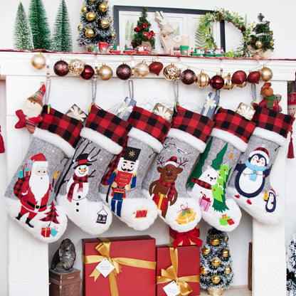 BHD BEAUTY Set of 6 Christmas Stockings Gray Burlap Buffalo Red Plaid Soft Faux Fur 20 Inches Lovely Embroidery Pattern for Family Decorations Hanging Ornament for Xmas Holiday Party