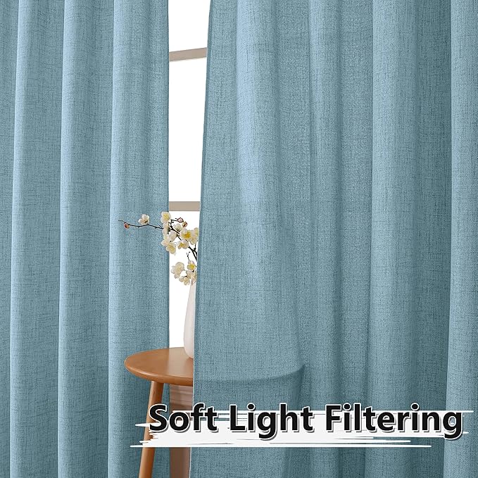Tollpiz Linen Curtains Living Room Rod Pocket Semi Sheer Curtain Burlap Light Filtering Thick Linen Drapes for Bedroom, 38 x 63 inches Long, Dusty Blue, Set of 2 Panels