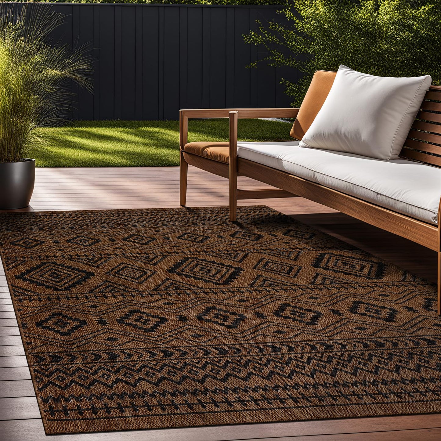 Beverly Rug Waikiki Boho Indoor Outdoor Rug 5x7, Washable Outside Carpet for Patio, Deck, Porch, Bohemian Area Rug, Farmhouse Rugs, Aztec Tribal Rug, Nut Brown and Black