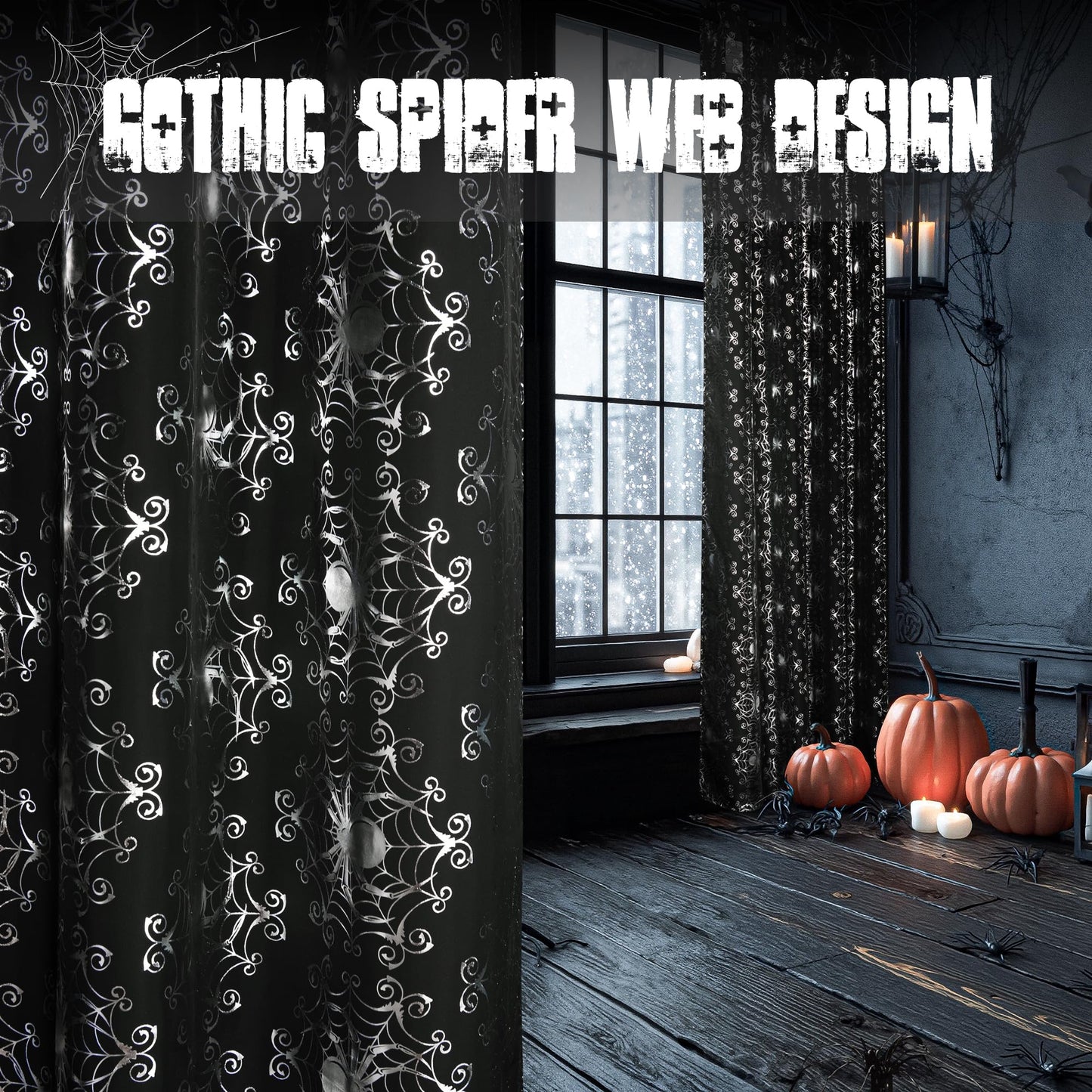 NICETOWN Black Sheer Halloween Curtains with Silver Spider Foil Print, Grommet Flowing Voile Sheer Window Treatment for Gothic Bedroom, W54 x L84, 2 Panels