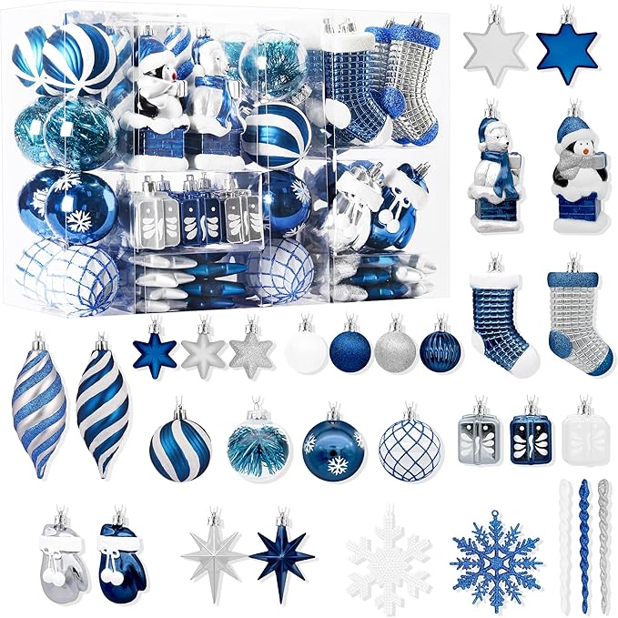 Alupssuc 112pcs Christmas Balls Ornaments Set, Shatterproof Plastic Baubles Christmas Penguin, Polar Bear for Xmas Tree Holiday Wedding Party Decorations with Hanging Strings, Blue and White