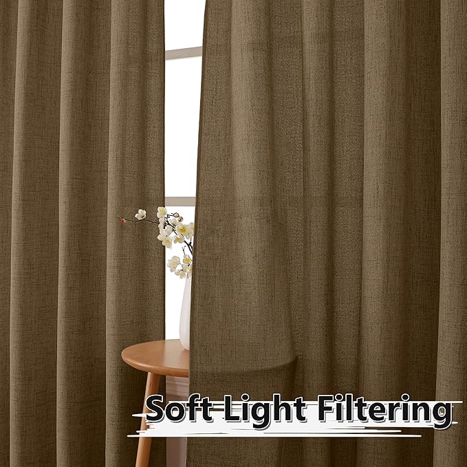 Tollpiz Linen Tier Curtain Rod Pocket Semi Sheer Half Kitchen Curtains Burlap Light Filtering Thick Linen Drape for Bathroom, 30 x 36 inches Long, Brown, Set of 2 Panels