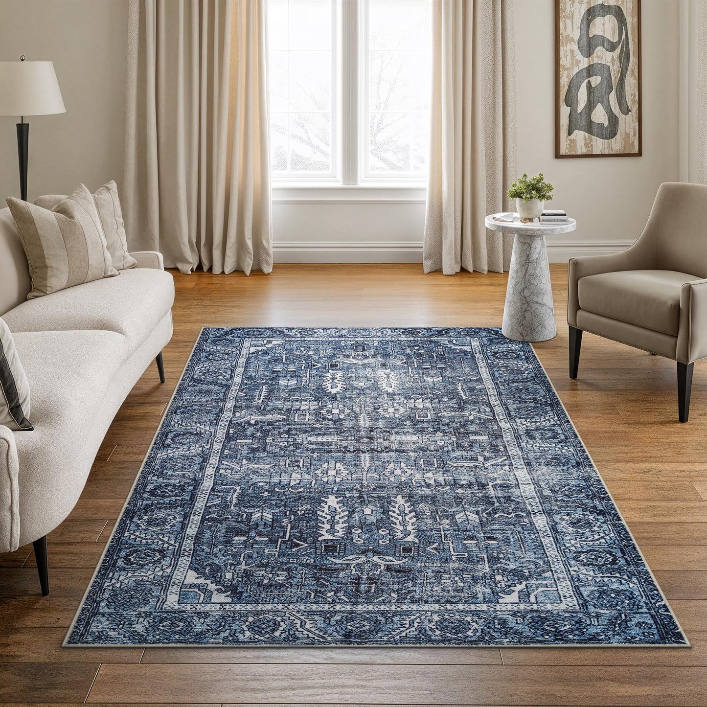 Bloom Rugs Washable Non-Slip 4' x 6' Rug - Blue Traditional Area Rug for Living Room, Bedroom, Dining Room, and Kitchen - Exact Size: 4' x 6'