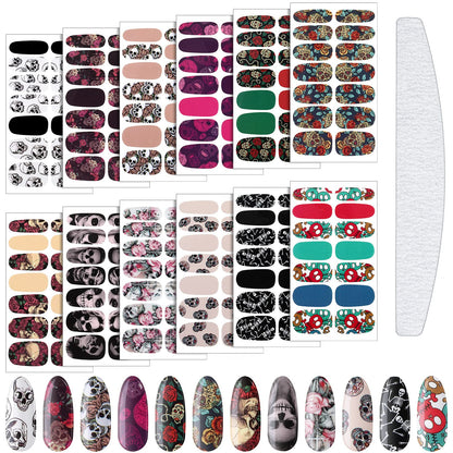 Maitys 168 Pcs 12 Sheets Halloween Goth Full Wrap Nail Stickers Nail Polish Strips Decals Skull Self Adhesive for Women DIY Decoration(Skeleton Style)