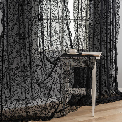 TUDECO Black Sheer Curtains 84 Inches Long - Shabby Chic Knitted Floral Lace Curtains Privacy Goth/Witchy Dark Window Curtains for Living Room Rod Pocket French Decor 1 Pair, 59 x 84 Inch