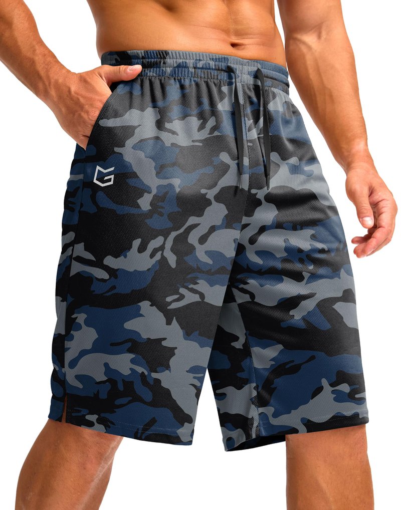 G Gradual Men's Athletic Shorts with Pockets 9" / 11" Long Basketball Shorts Lightweight Quick Dry Gym Workout Shorts for Men(Blue Camo,XXXL)