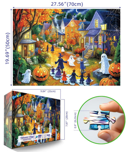 Halloween 1000 Piece Puzzle for Adults Jigsaw Puzzle Spooky Trick-or-Treat Scene with Pumpkins Ghosts & Haunted Houses Autumn Challenging Fun Family Game Night Puzzle with Poster（27"x20"）