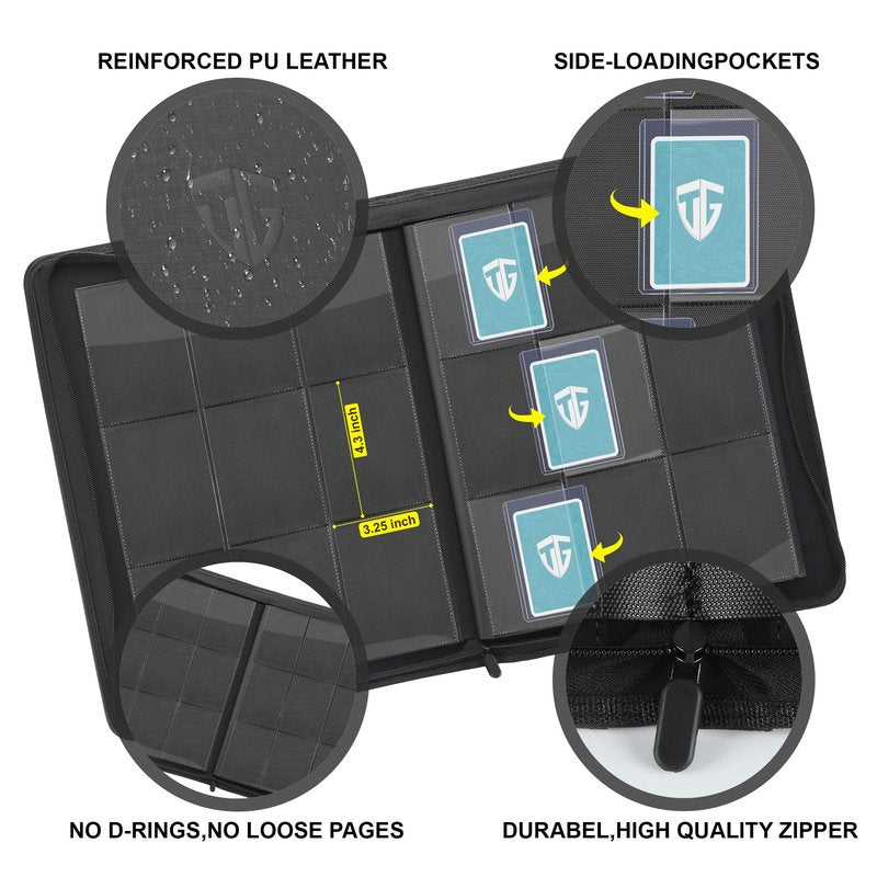 TCGUARD Toploader Binder,Holds 216 Toploaders,9 Pocket Top Loader Binder with Sleeves for 3"x4" Rigid Toploaders Hard Cases,Top loader Binders for TCG, MTG Card Binder, Trading Cards Binder(Black)