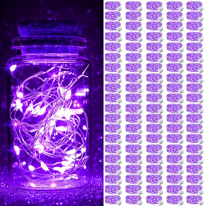 pozzolanas 100 Pack Purple Fairy Lights Battery Operated 3 Modes 7FT 20 LED Waterproof String Lights Twinkle Silver Wire for Mason Jars Wedding Christmas Halloween Party Decor (100, Purple)