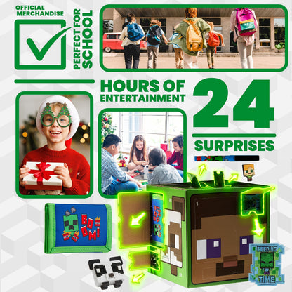 Minecraft Advent Calendar 2025 for Kids Teens, Creeper Stationery & Accessories Christmas Countdown Calendar, Pens Keyrings Gadgets, Gifts for Gamers (Green Cube)