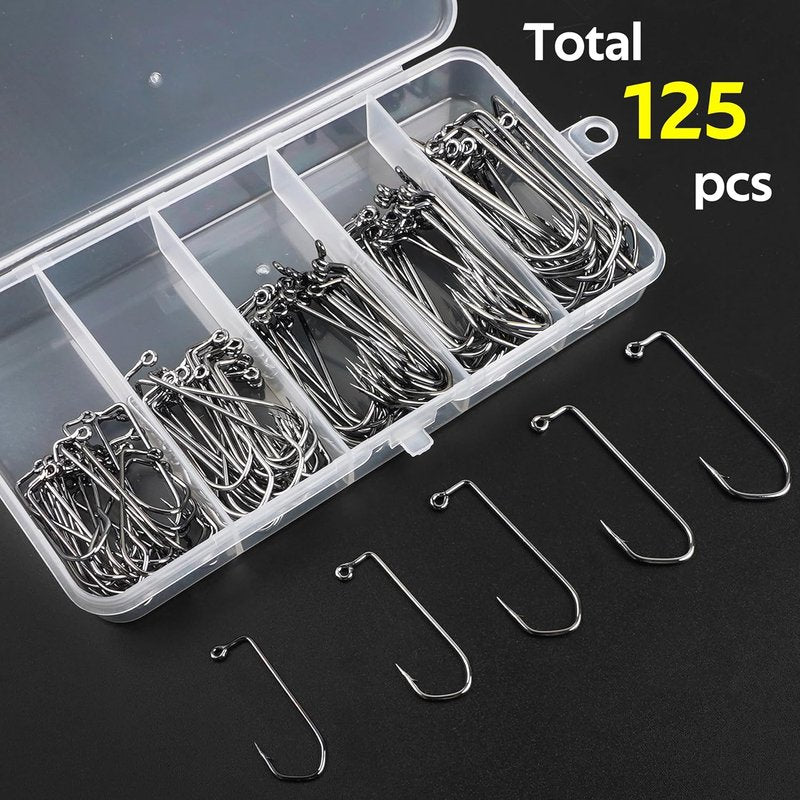 SILANON 90° Aberdeen Jig Hooks Kit - 125pcs High Carbon Steel Fishing Hooks for Saltwater & Freshwater | Sizes 1/0-5/0
