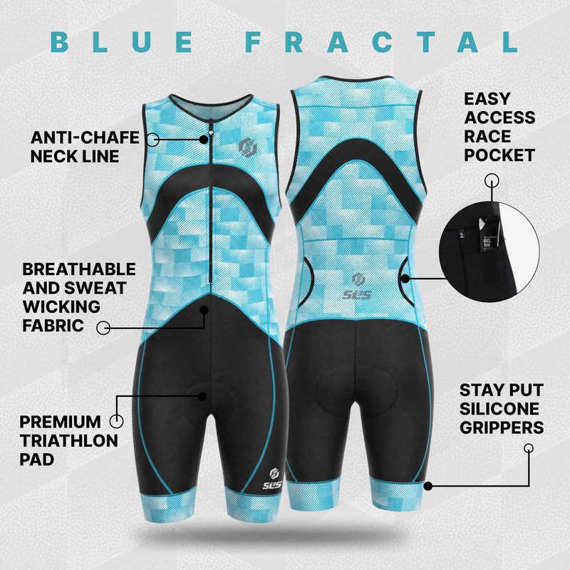 SLS3 Triathlon Suits Mens - Premium Trisuit Triathlon Men - Sleeveless, Quick Drying Tri Kit with Large Back Pocket (Blue Fractal, X-Large)