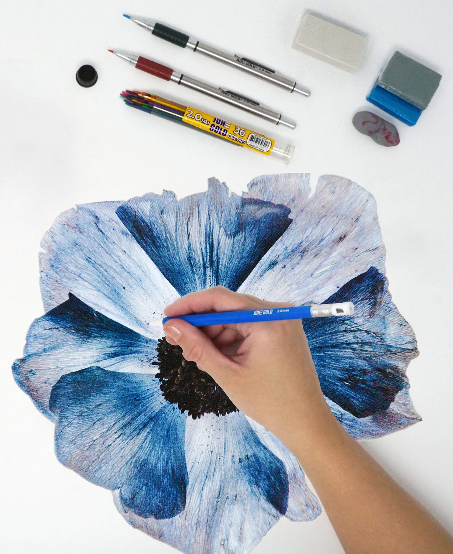 June Gold 4 Pro 2.0 mm Mechanical Pencils, 36 Colored Refills, 36 2B Refills, 36 4B Refills, 2 Sharpeners, 2 Smudge Resistant Erasers, Built in Sharpeners & Soft Non-Slip Grip on Each Pencil