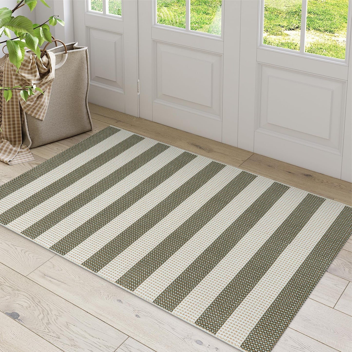 OJIA Outdoor Rug 3'x5', Washable Entryway Rugs Indoor Fall Front Door Mat Cotton Woven Checkered Front Door Rug Small Area Rug Halloween Doormat for Porch Kitchen Patio Bathroom (Green/White/Tan)