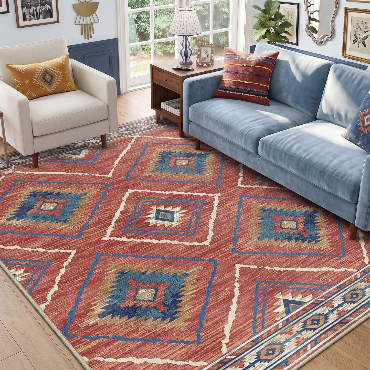 Area Rug 5x7 Rug Machine Washable Non-Slip Low Pile Print Pattern Western Rug for Living Room Bedroom Entryway Tribal Series -Red/Orange