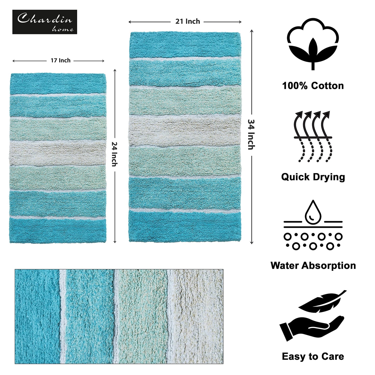 Chardin home Cordural Stripes Bath Mat, Set of 2 Bath Rugs (17 Inches x24 Inches & 21 Inches x34 Inches) | Non Slip Bathroom Rug, Machine Washable, Plush, Highly Absorbent | Aqua Turquoise Ombre