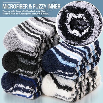 EBMORE Fuzzy Socks - Men & Women's Fluffy Warm Winter Thick Cozy Slipper Cabin Soft Stocking Stuffers Socks (Dark Stripes)