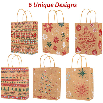 24 Christmas Kraft Gift Bags with 24 Tissue Papers, 7 x 8.6 x 3 Holiday Goody Bags with Handles, Xmas Treat Bags for Party Favors, Classroom Exchange, Present Wrapping