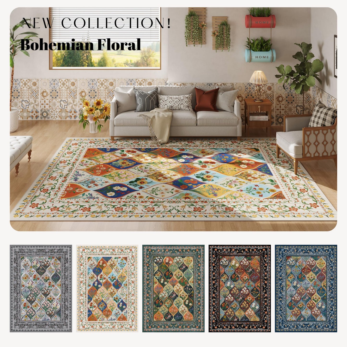 Vowkten Bohemian Geometric Floral 8x10 Area Rugs, Machine Washable, Low Pile Soft Carpet, Non-Slip for Living Room, Bedroom, Dining Room, Farmhouse, Kids Playroom, Office | Beige