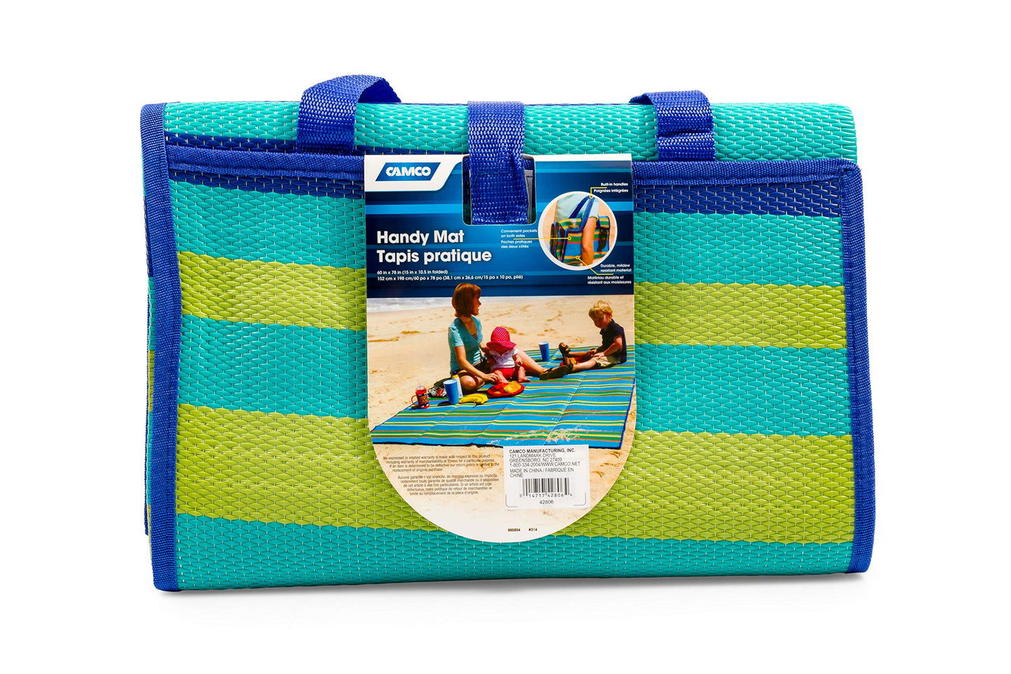 Camco Handy Mat with Strap - Perfect for Picnics, Beaches, RV and Outings - Green/Turquoise - 60" x 78" (42806)