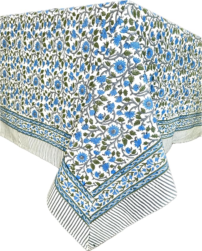 ATOSII Lake Como 100% Cotton Square Summer Tablecloth, Block Print Floral Linen Table Cloth for Kitchen Dining Table I Parties Weddings Outdoors I 60 X 60 Inches I 4 Seater I