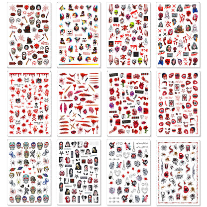 TailaiMei 12 Sheets Halloween Nail Stickers, 3D Horror Scream Scary Wound Scar Bloody Self-Adhesive Gothic Nail Art Decals for DIY Nail Decorations (Bleading Style)