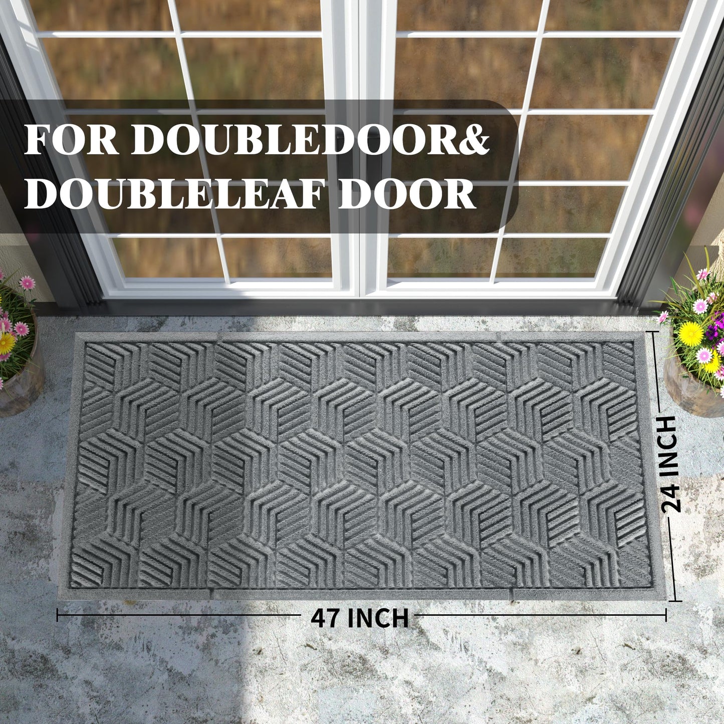 Yimobra Large Door Mat 47x24, All-Season Waterproof Outdoor Mats for Front Door Entrance with Drainage Holes, Heavy Duty Non-Slip Doormat for Garage Patio Entryway Indoor, Black Gray