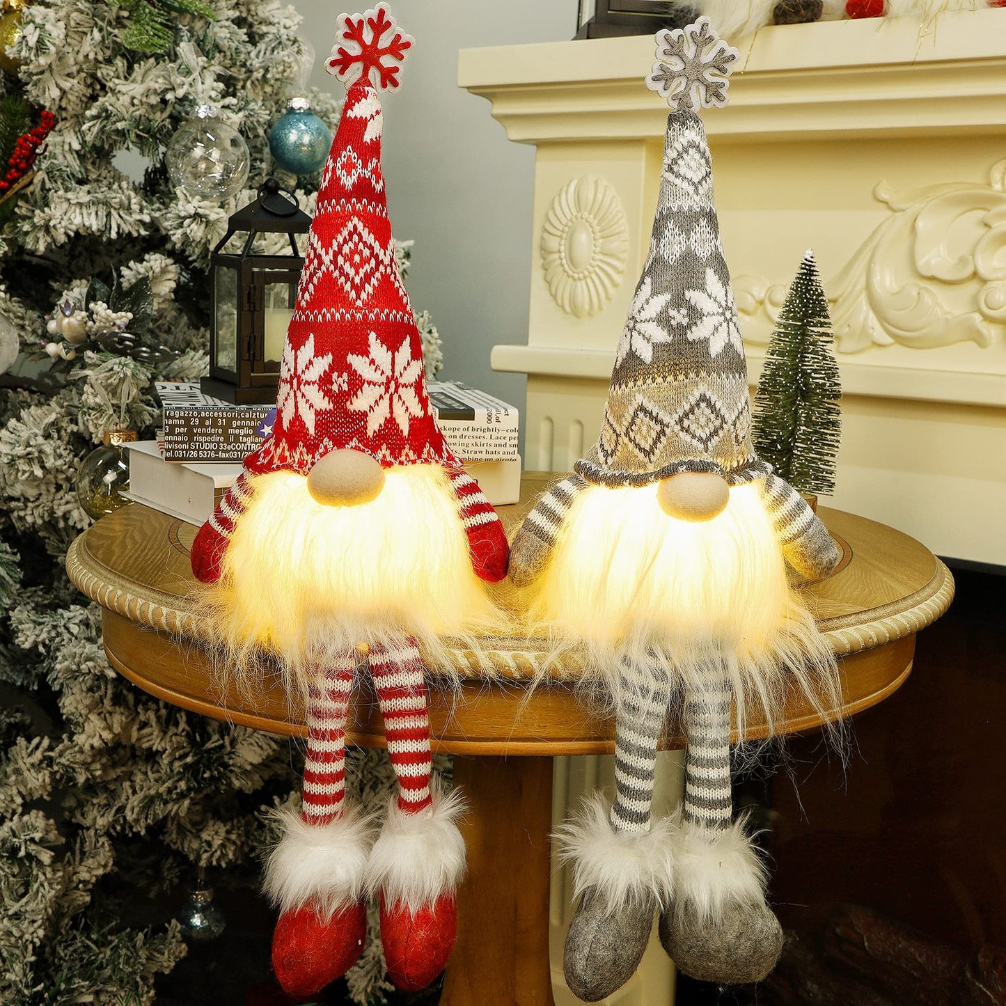Juegoal 2 Pack Lighted Christmas Gnomes with Dangling Legs, 19.5Inch Handmade Scandinavian Swedish Tomte, Battery Operated Winter Tabletop Christmas Decorations Collectible Figurines