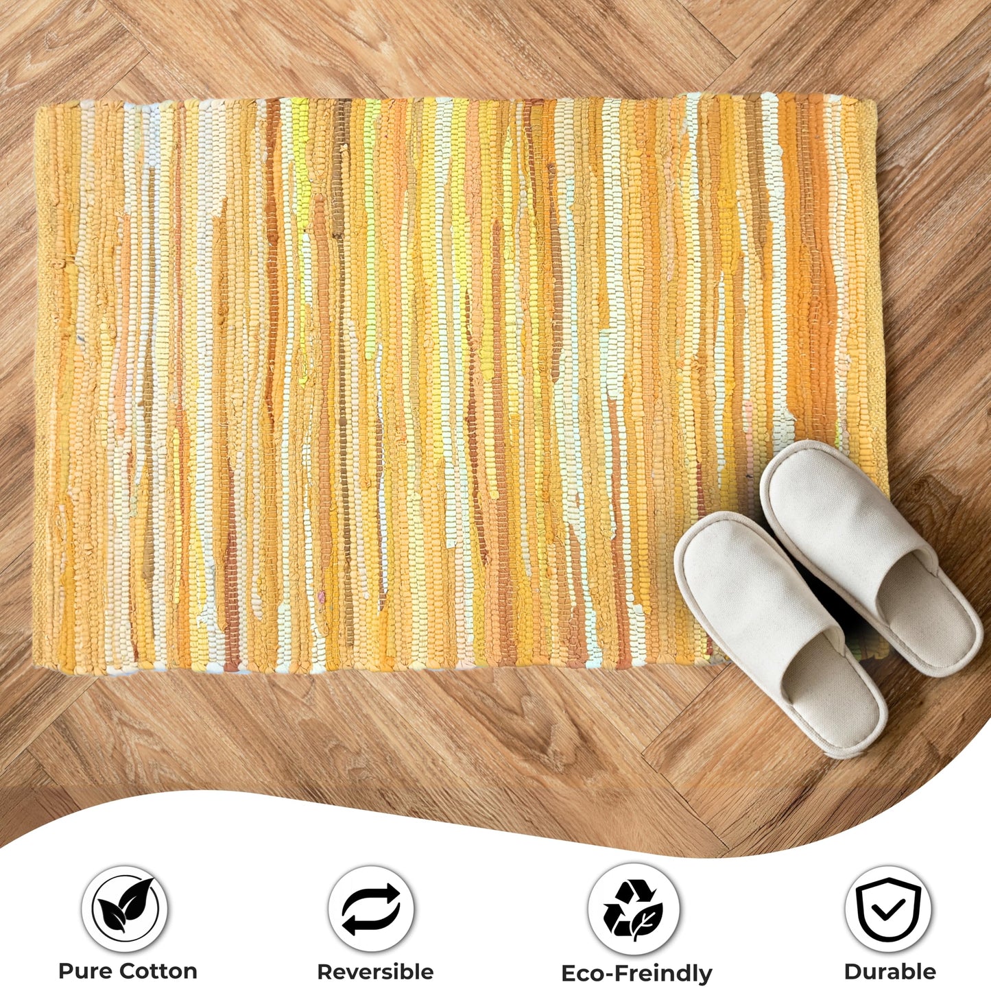 Ramanta Home 100% Cotton Hand Woven Tonal Chindi Rag Rug 2'x3' - Mustard, Recycled Reversible Rug, Boho Rustic Farmhouse Rugs for Living Room, Dinning Room, Kitchen Floor Mats - 24"x36"