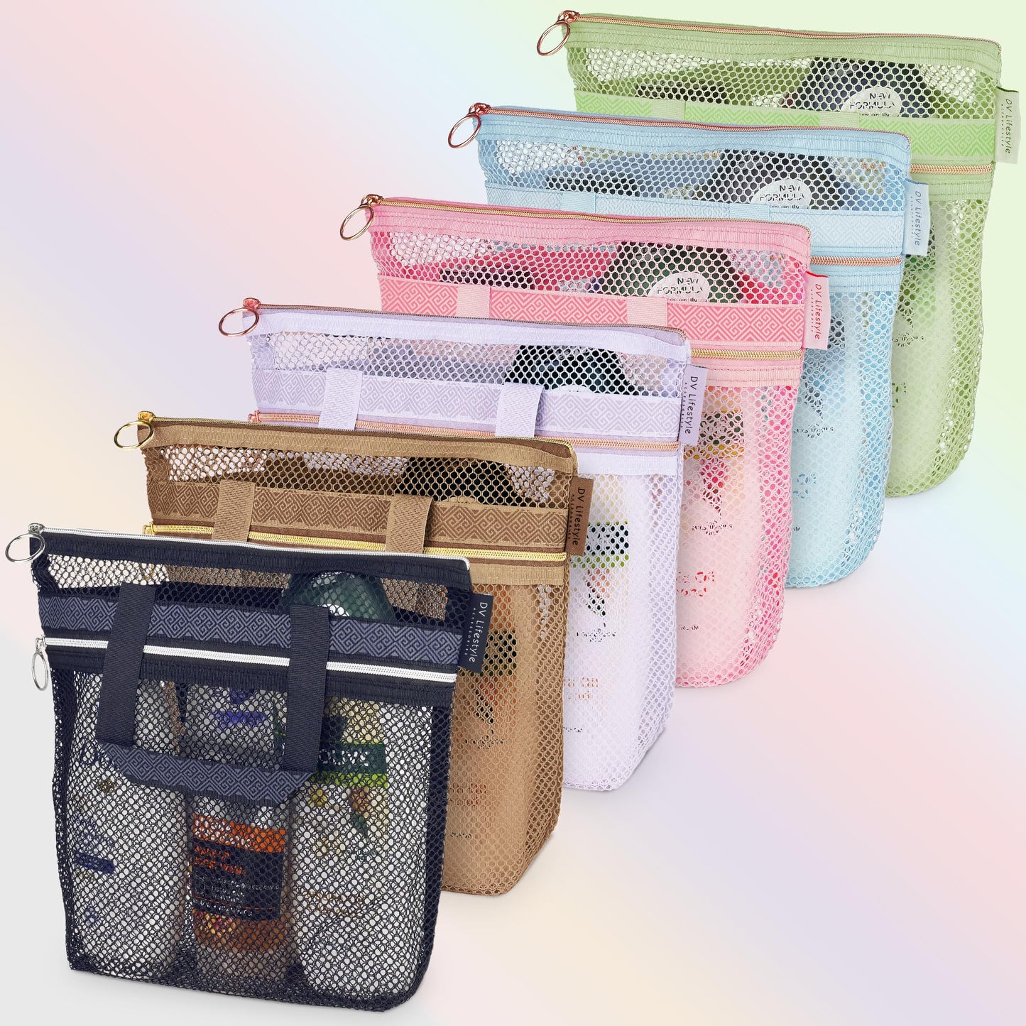 DV Lifestyle Mesh Shower Bag 10.2x9.9'' Quick-Dry Caddy with Zipper & 2 Pockets. Portable Toiletry Tote for Bathroom, Gym, Travel, Camp, Beach, for Sunscreen, Dorm & College Essentials (Light Green)