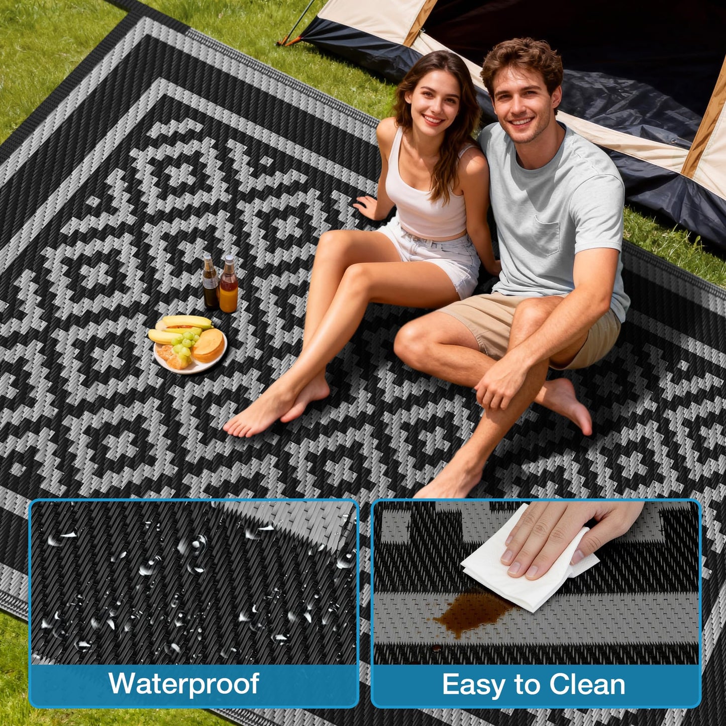 Kohree RV Outdoor Rug 9x12 Reversible, Waterproof Patio Mat with 4 Stakes & UV Fade Resistant, Non-Slip Outdoor Camping Mat for Deck, Picnic, Backyard, Includes Carry Bag (Black & Grey)