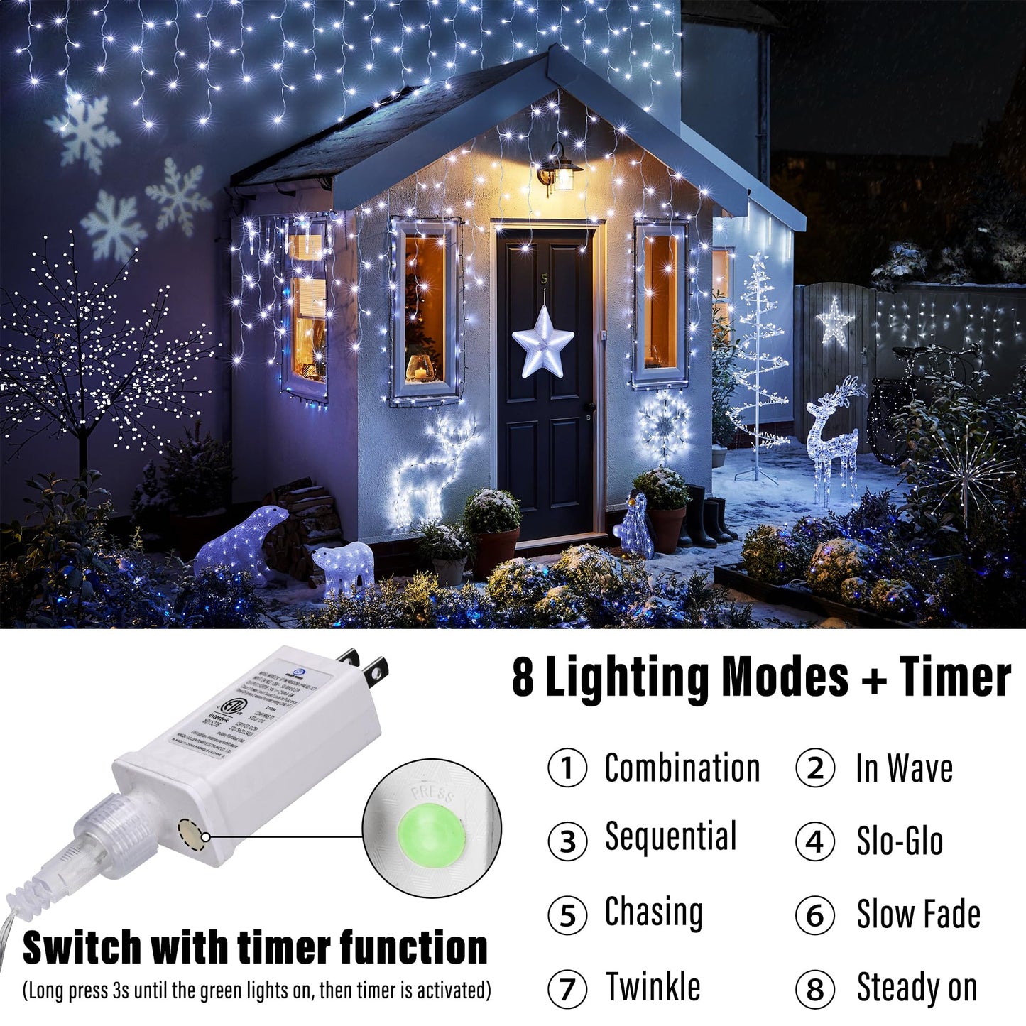 Joomer Christmas Icicle Lights - 32FT Plug in String Lights Waterproof, 8 Modes Timer Connectable Outdoor String Light for Christmas Party, Eaves, Roofs, Xmas Decorations (White)