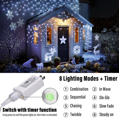 Joomer Christmas Icicle Lights - 32FT Plug in String Lights Waterproof, 8 Modes Timer Connectable Outdoor String Light for Christmas Party, Eaves, Roofs, Xmas Decorations (White)