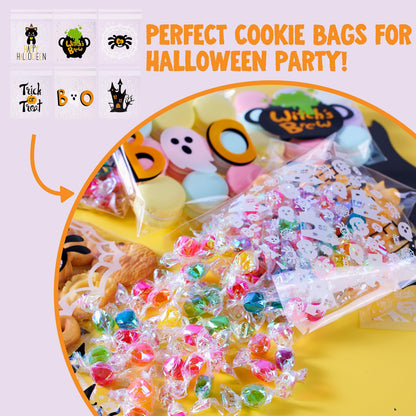 JOYIN 150 PCS Halloween Cellophane Treat Bags, Self Adhesive Clear Cookie and Candy Bags for Kids Trick or Treating, Small Goodie Gift Ziplock Bag Bulk for Halloween Party Favors Supplies in 6 Designs