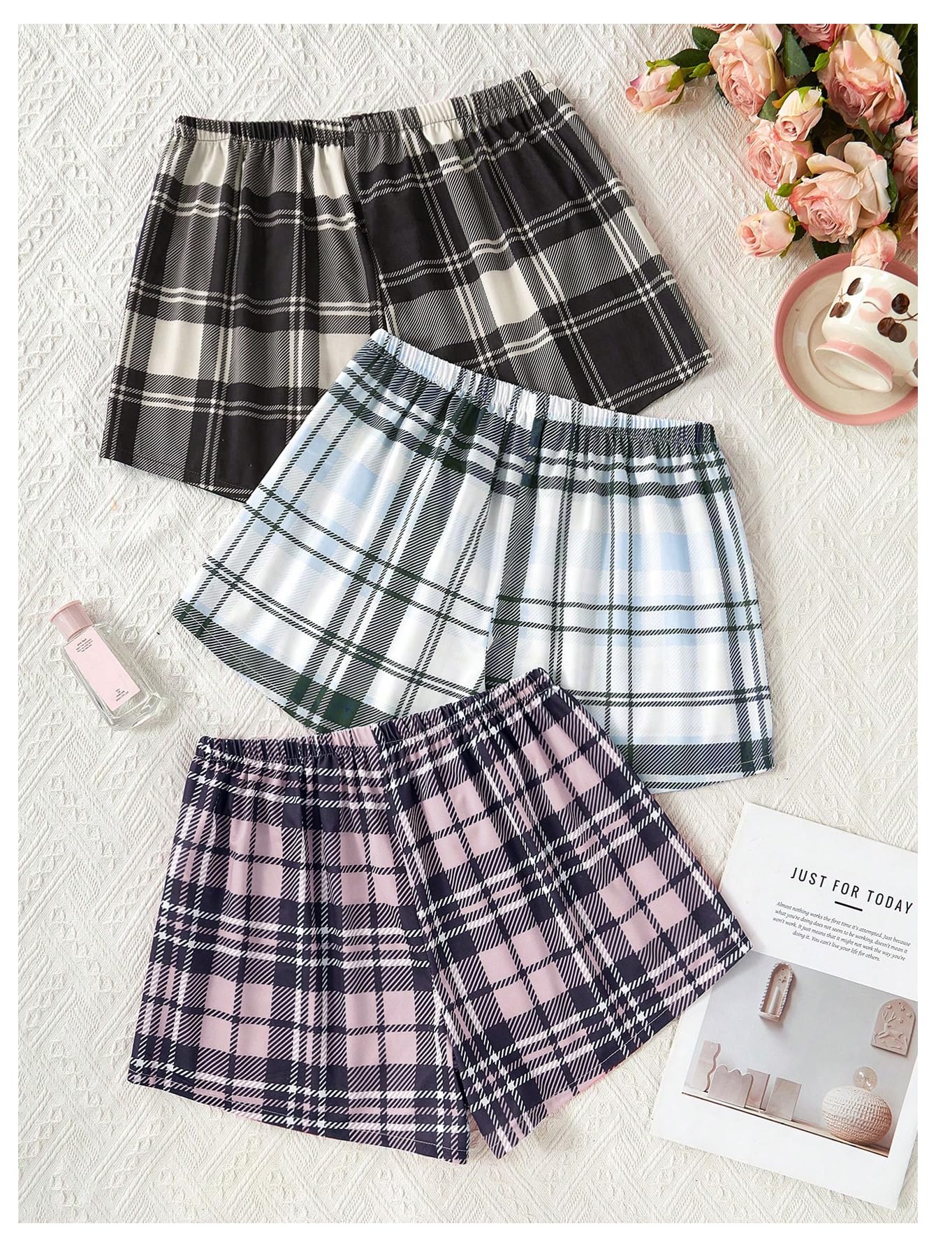 GORGLITTER Women's 3 Piece Plaid Pajama Shorts Elastic Waist Cute Pj Sleep Lounge Shorts Black White Pink Small