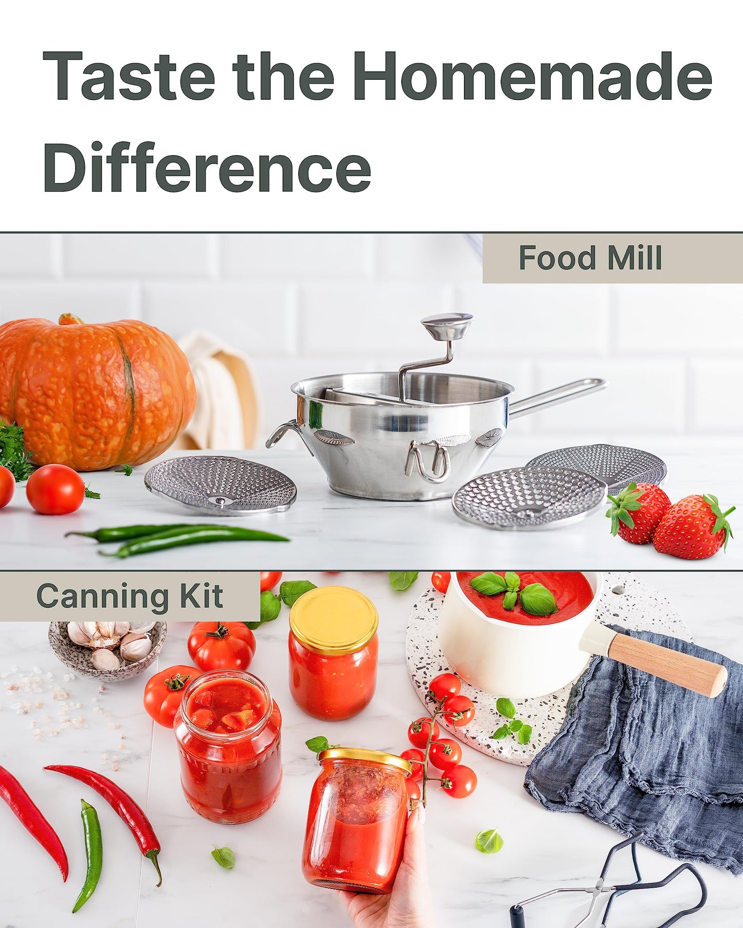 Ergonomic Food Mill Stainless Steel With 3 Grinding Discs - Rotary Food Mill for Tomato Sauce, Applesauce, Puree, Mashed Potatoes, Jams, Baby Food